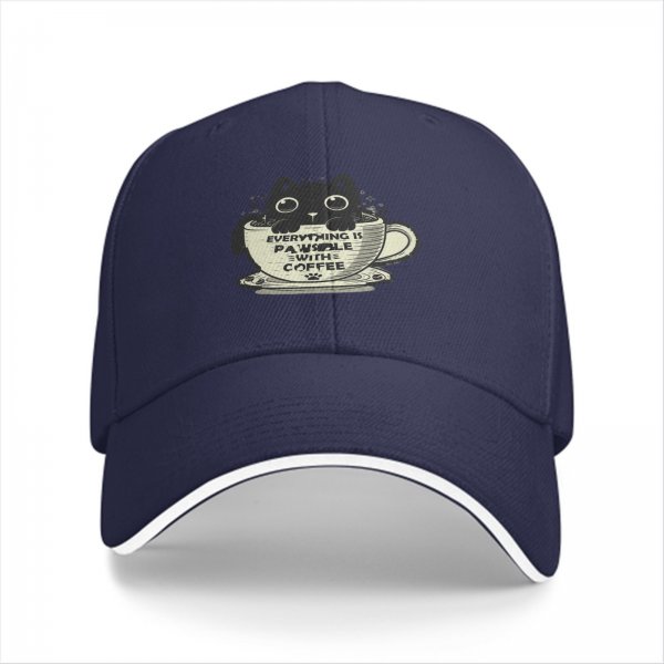 Black Baseball Cap With Cat In Coffee Cup 'Everything Is Pawsible With Coffee' Print