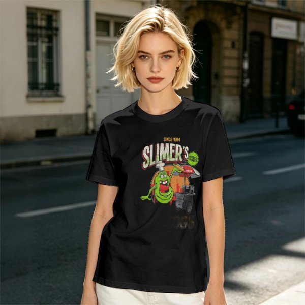 Olive green t-shirt with Slimer's Ghostbusters themed graphic print