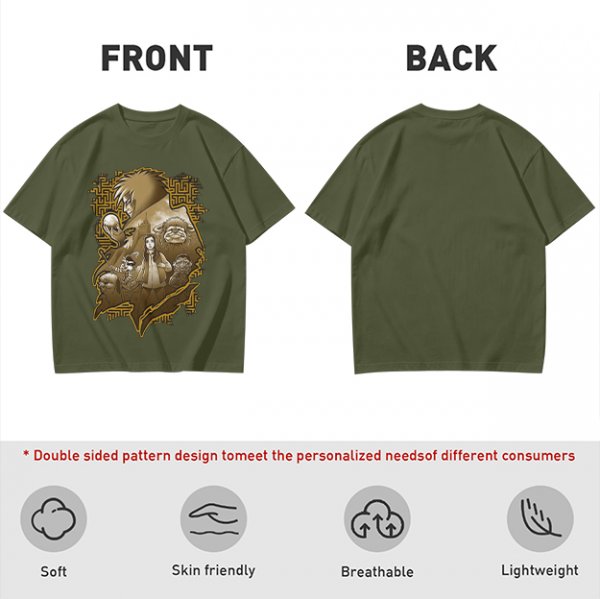 Olive T-Shirt with Fantasy Character Group Graphic Print