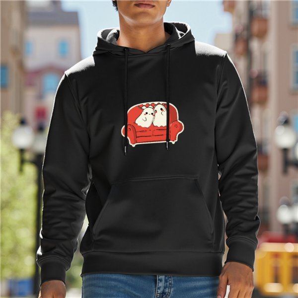 Black hoodie with cute ghosts sitting on red couch graphic