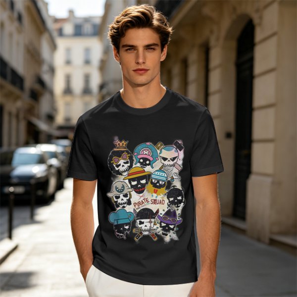 Olive T-Shirt With Pirate Squad Skull Character Print