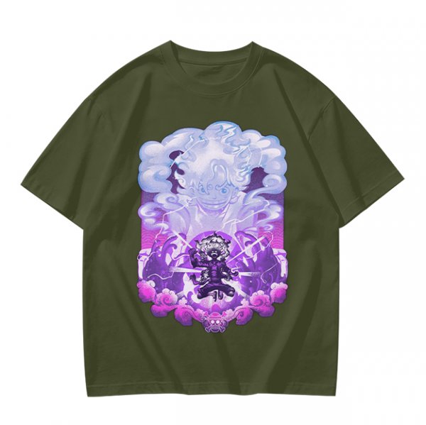 Olive T-shirt with Luffy Gear 5 Sun God Nika Anime Graphic Print