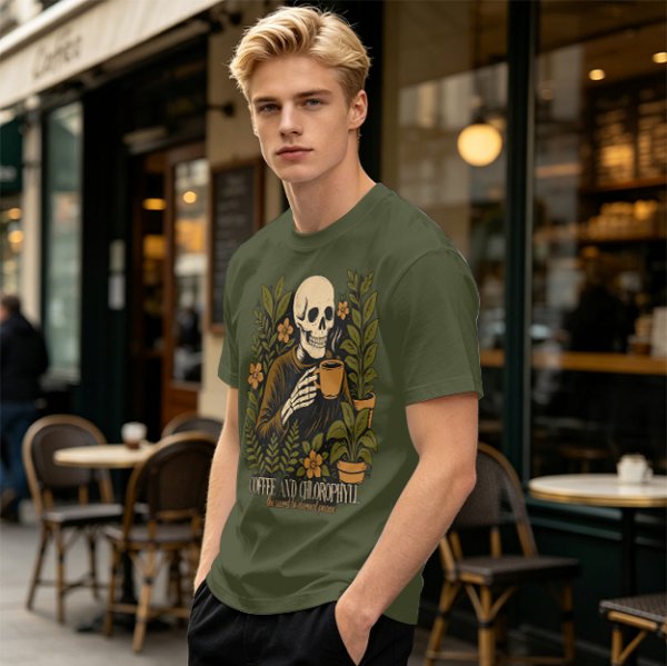 Skeleton with Coffee and Plants T-Shirt Graphic