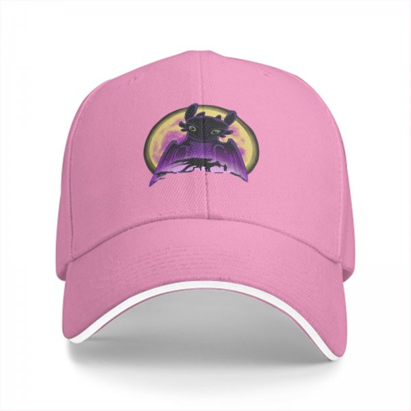 Black baseball cap featuring Toothless dragon and moon graphic