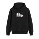 Black hoodie with a cartoon of a child resting on a large fluffy white dog