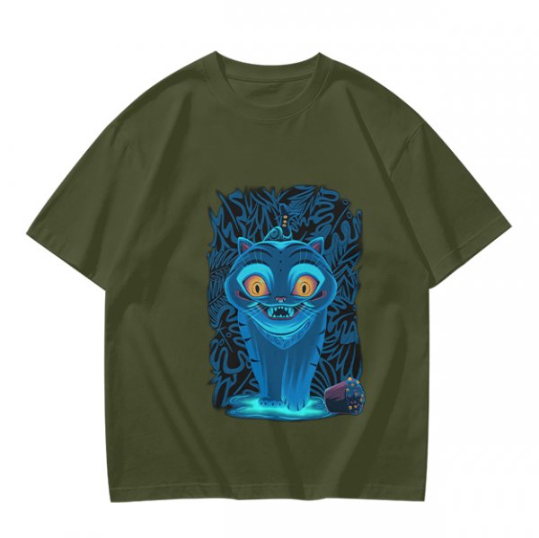Olive T-shirt with Glowing Blue Cheshire Cat Graphic