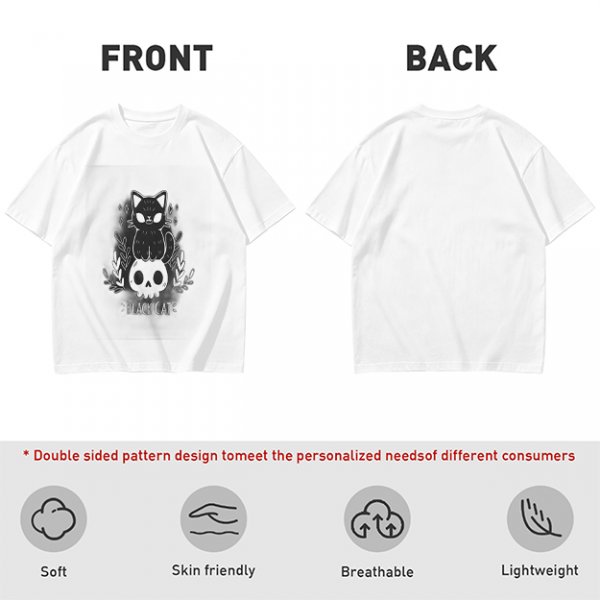Olive green graphic t-shirt with black cat and skull print