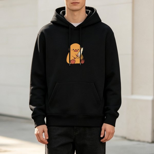 Black hoodie with cute duck holding knife graphic