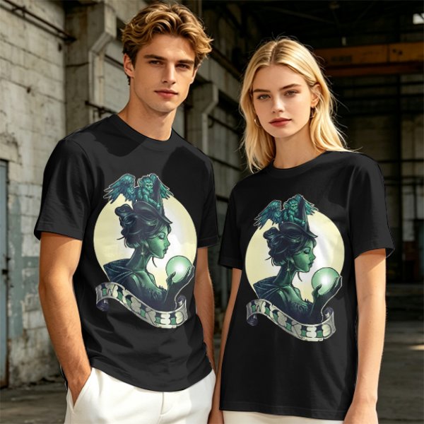 Olive Witch Graphic T-Shirt With Winged Monkey And Crystal Ball