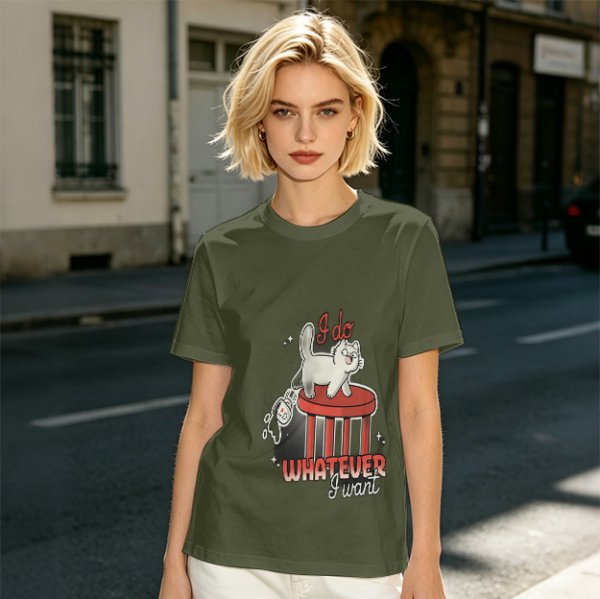 Olive graphic tee with a white cat on a stool and the text I do whatever I want