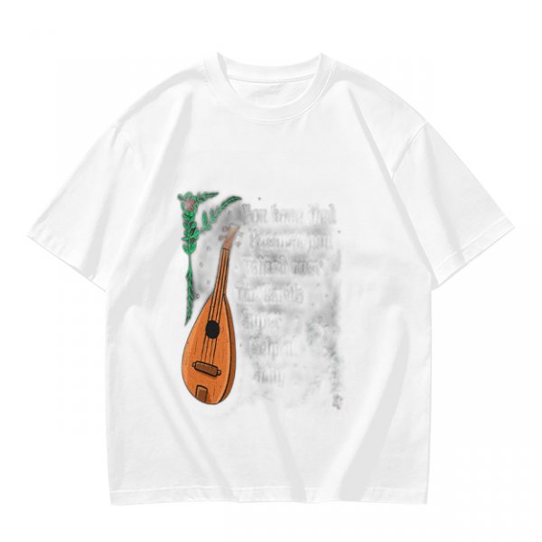 Olive Green T-Shirt with Lute and Botanical Graphic Print