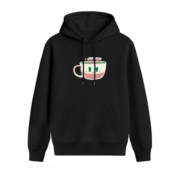 Black hoodie with angry coffee cup graphic and 'I NEED MORE' text