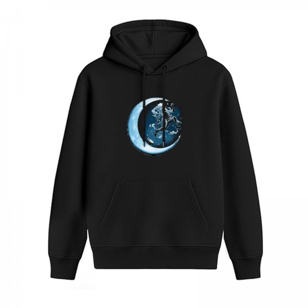 Black Hoodie With Crescent Moon And Celestial Rider Graphic