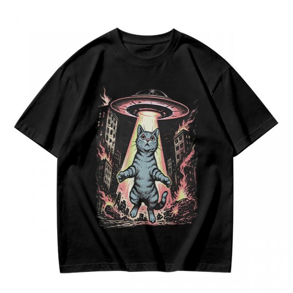 Olive T-Shirt with UFO Abducting Cat Over Burning City