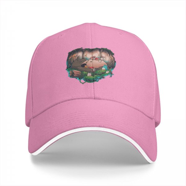 Black baseball cap with forest spirit creature graphic print