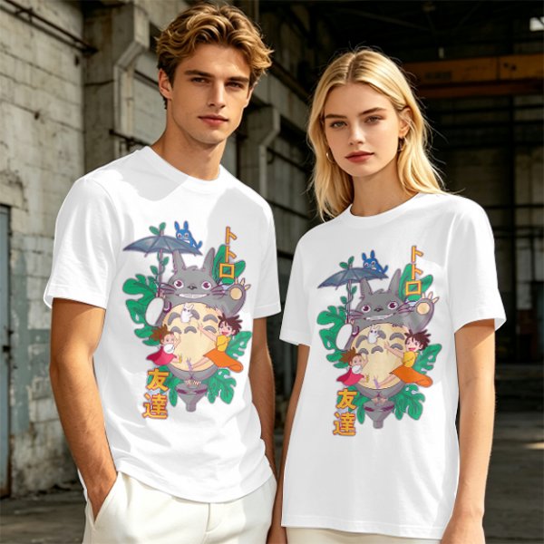 My Neighbor Totoro Graphic T-Shirt with Anime Characters and Leaves