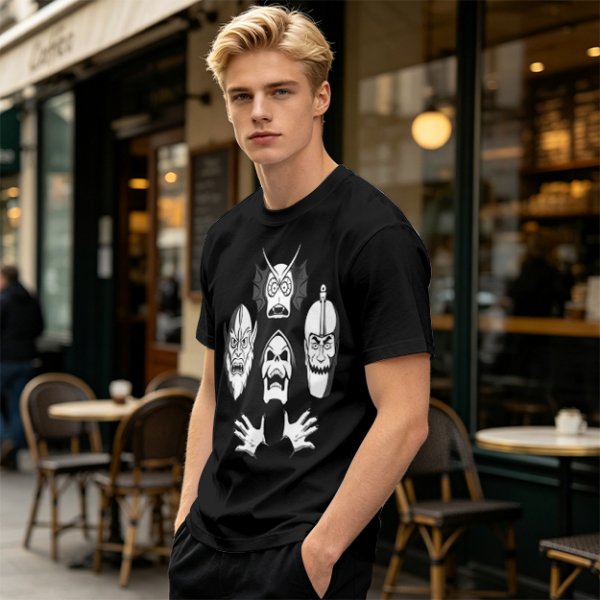 Olive T-shirt with Four Dark Fantasy Villain Heads Graphic Print