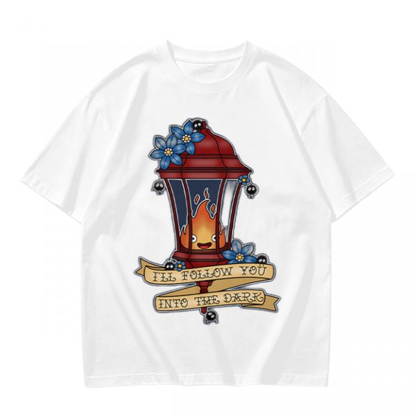 Olive t-shirt with lantern flame graphic and 'I'll follow you into the dark' text