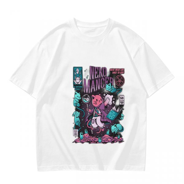 Olive green graphic tee with neko necromancer cat wizard art