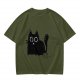 Oversized Army Green T-Shirt With Surprised Black Cat Graphic
