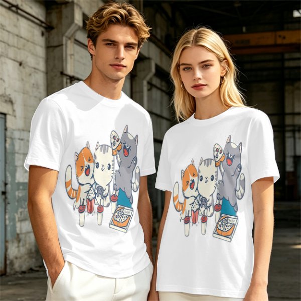 Olive T-Shirt With Cute Cats Enjoying Pizza And Snacks Print