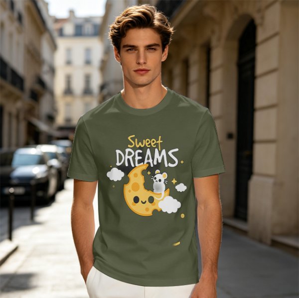 Olive t-shirt with sweet dreams cheese moon and mouse graphic