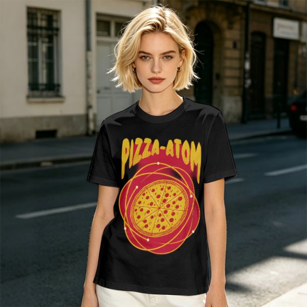 Olive green graphic t-shirt with pizza atom design