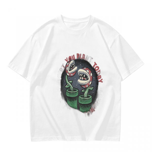 Olive T-shirt with Piranha Plant Graphic and 'You Plant Today' Text
