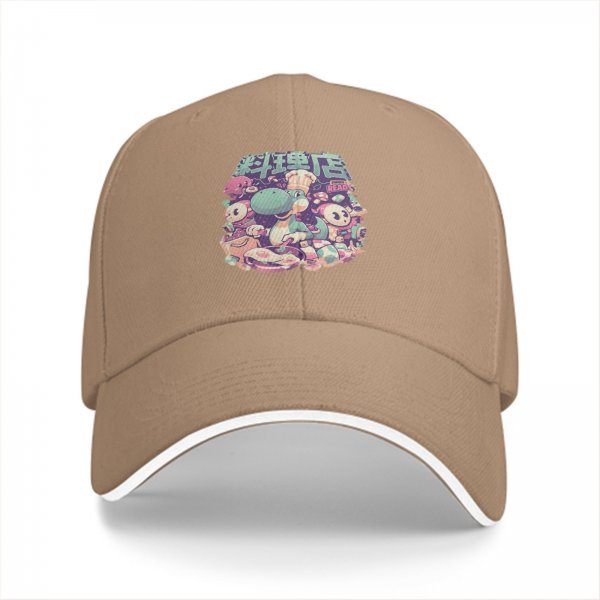 Black baseball cap with cute dinosaur chef and anime character graphic