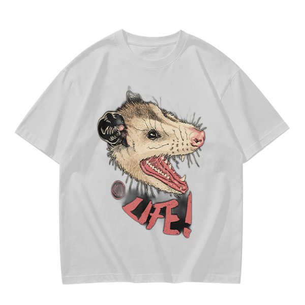 Olive T-Shirt With Aggressive Opossum 'LIFE!' Graphic Print
