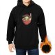 Black hoodie with a frog in a ramen bowl graphic