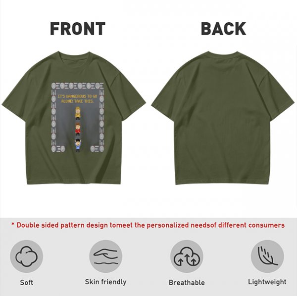 Olive t-shirt with retro video game 'It's dangerous to go alone' print