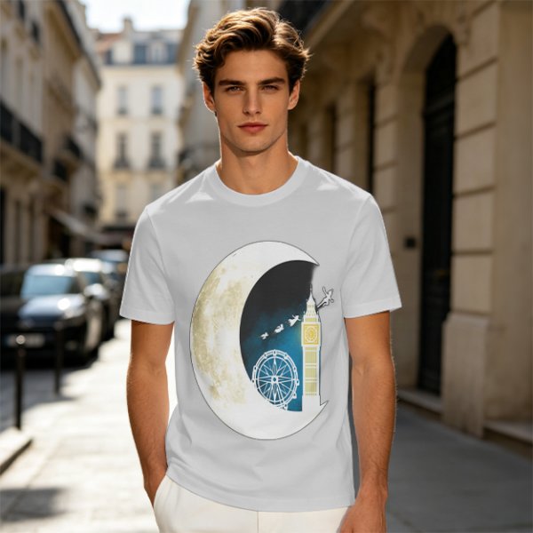 Olive T-Shirt with Crescent Moon London Skyline Flying Figures Print
