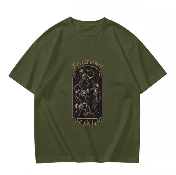 Olive Green T-Shirt with Purranormal Cat Skeleton Tarot Art