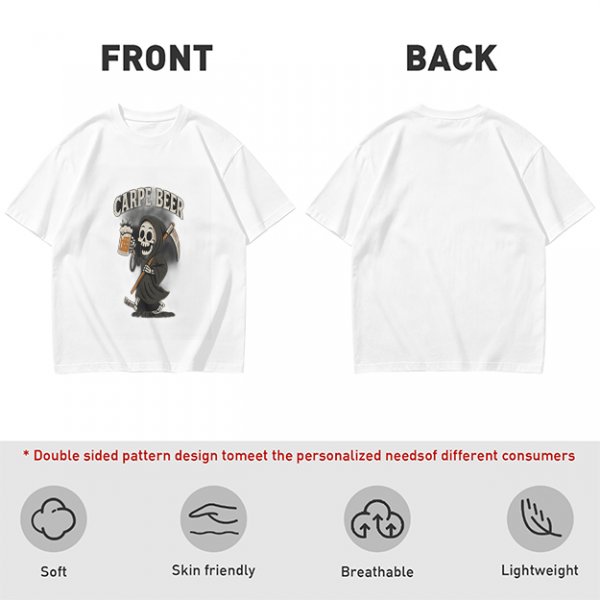 Olive green t-shirt with Carpe Beer grim reaper holding beer mug graphic