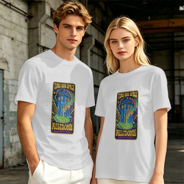Olive T-Shirt with Psychedelic Time and Space Meltdown Tardis Art