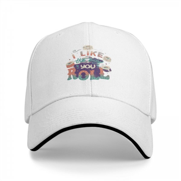 Black baseball cap with sushi graphic and 'I Like The Way You Roll' text