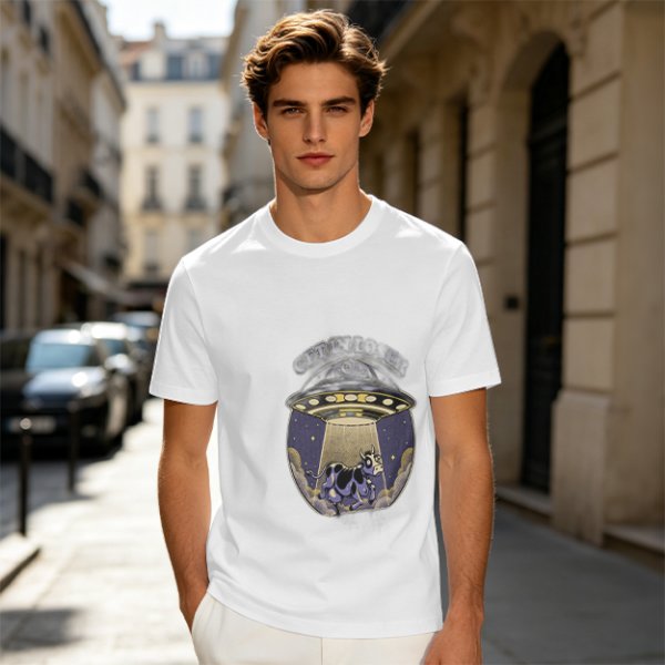Olive Green T-Shirt with UFO Abducting Cow Graphic