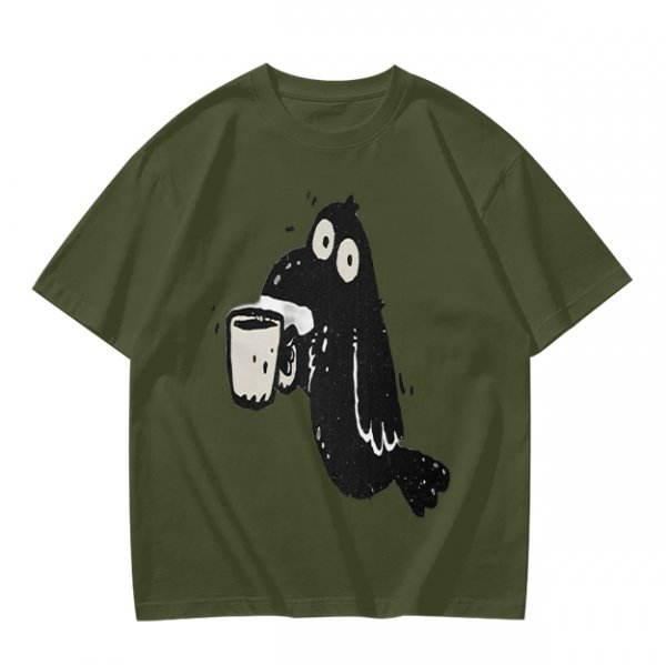 Olive Green T-Shirt With Cartoon Crow Holding Coffee Mug Print