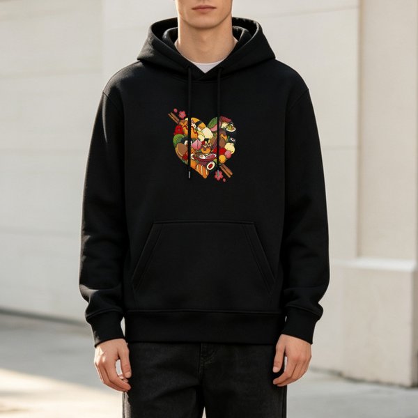 Black Hoodie With Food Heart Graphic Design