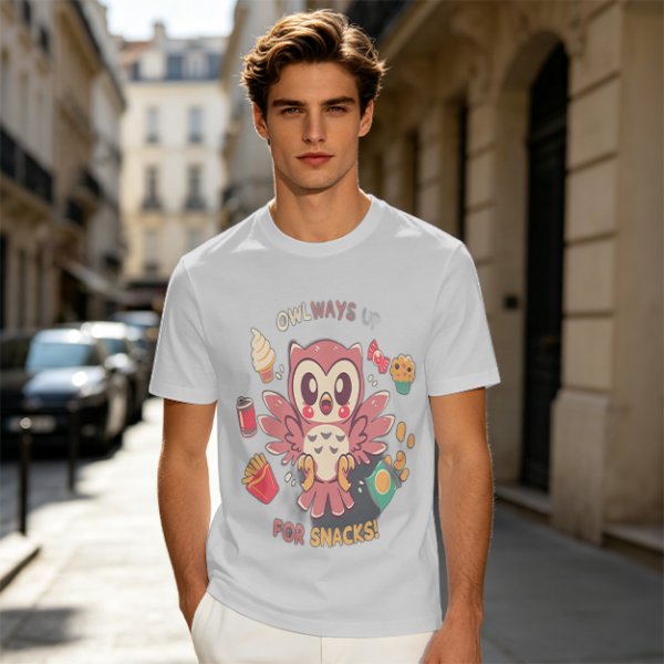 Owlways For Snacks Cute Graphic T-Shirt with Owl and Treats