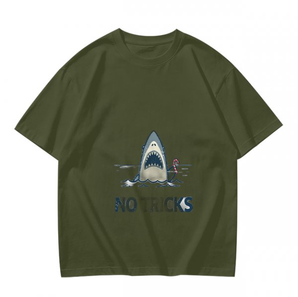 Olive T-shirt with Shark Holding Candy Cane and No Tricks Text