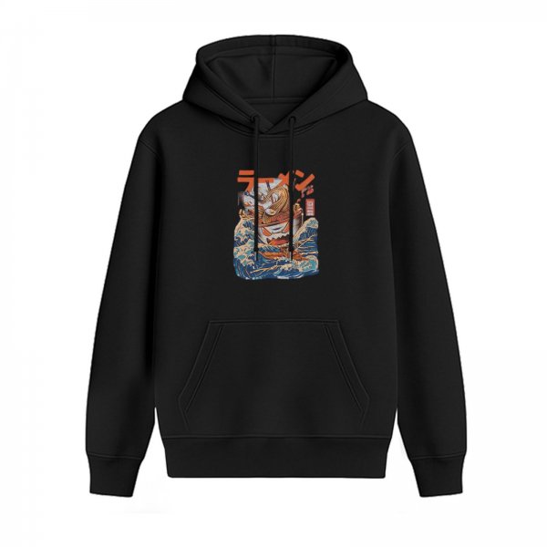Black hoodie with Japanese ramen wave graphic print