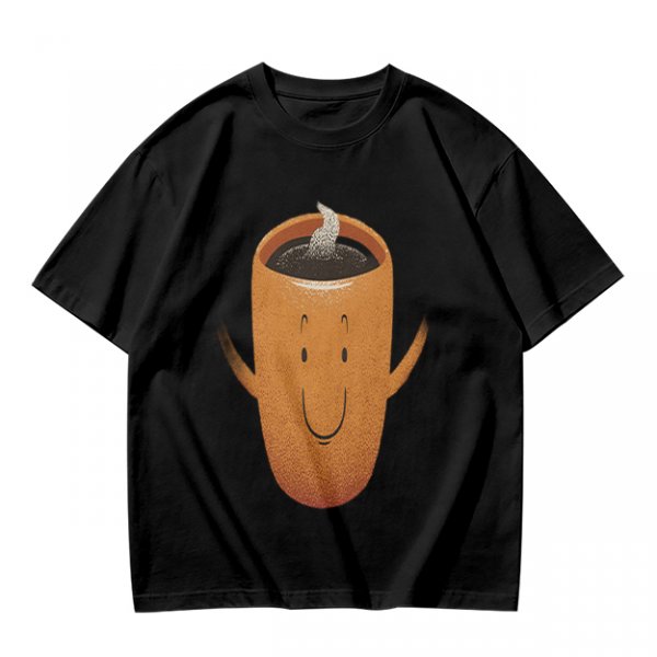 Olive Green T-Shirt With Happy Steaming Coffee Cup Graphic