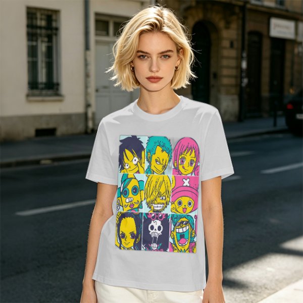Olive T-shirt with One Piece x Simpsons Style Character Grid Print