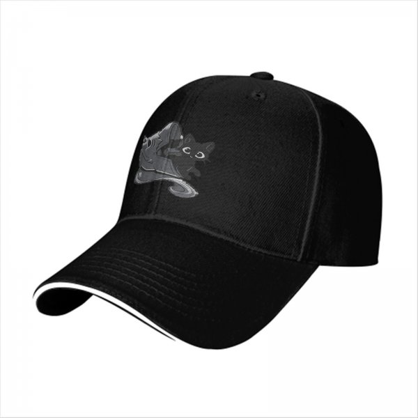 Black Baseball Cap with Black Cat and Wizard Hat Graphic