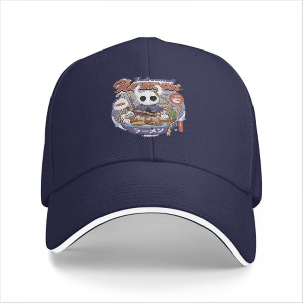 Black baseball cap with Hollow Knight ramen graphic print
