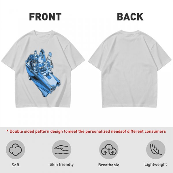 Olive T-shirt with retro blue cartoon car and characters graphic