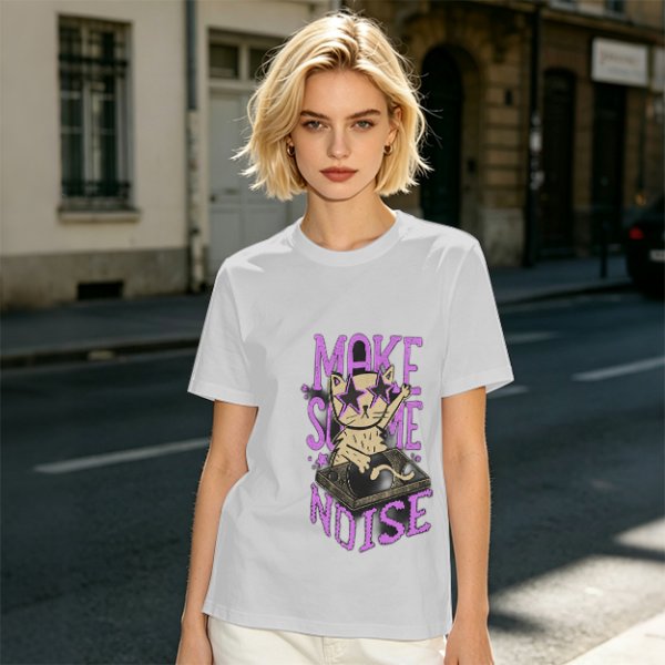 Olive T-Shirt with DJ Cat Graphic and Make Some Noise Text