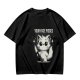 Olive graphic t-shirt with angry cartoon cat holding knife